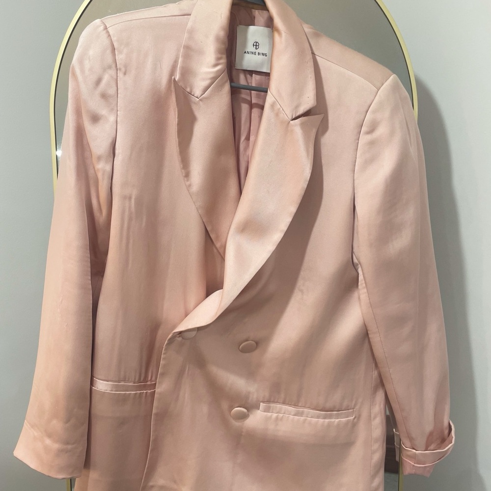 Anine Bing Blush Pink Double-Breasted Satin Blazer